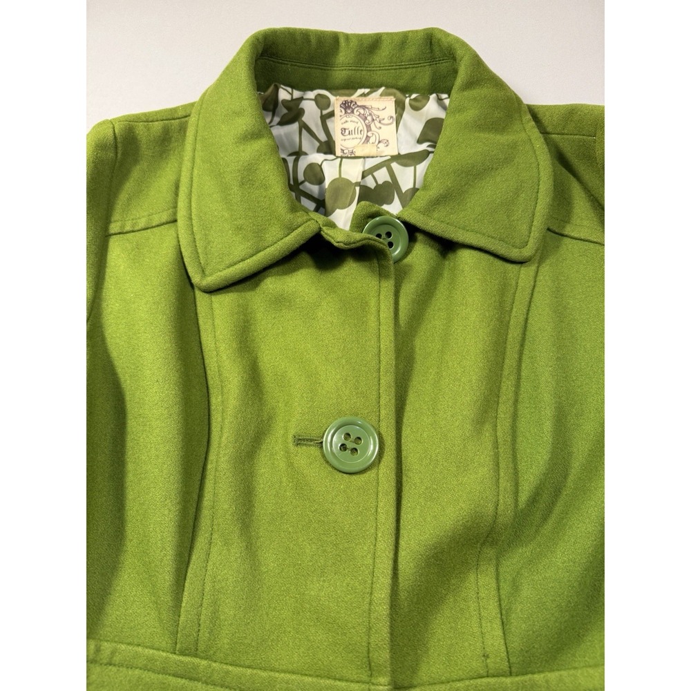 Tulle Clothing Green Wool Blend Pea Coat Retro Mod Button Pleated Pocket Medium - Picture 3 of 7